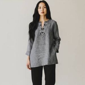 JM Collection Linen Tunic L Black White Embroidered 3/4 Sleeve Resort Boho